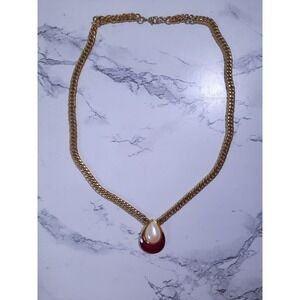 Vintage Signed Monet Gold Tone Red Gemstone Choker Style Necklace
